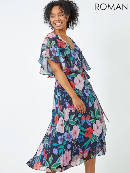 Roman Blue Petite Floral Chiffon Cape Dress (Q65959) | €37