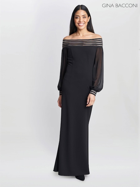 Gina Bacconi Vanessa Crepe Maxi Black Dress With Neck Trim (Q65990) | 787 LEI