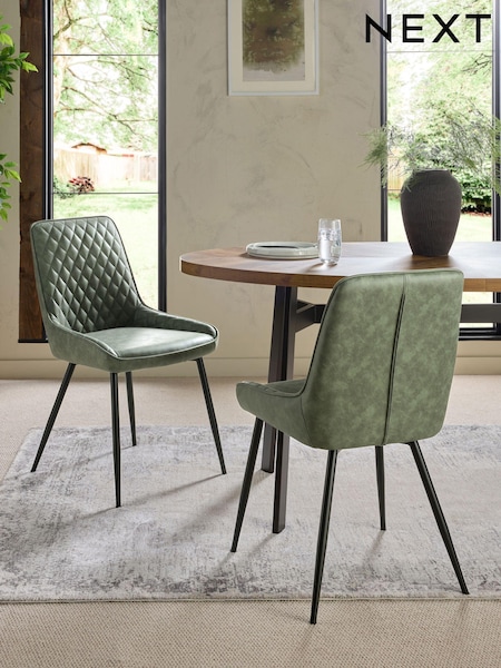 Set of 2 Arona Faux Leather Khaki Green Hamilton Black Leg Quilted Dining Chairs (Q66048) | €320