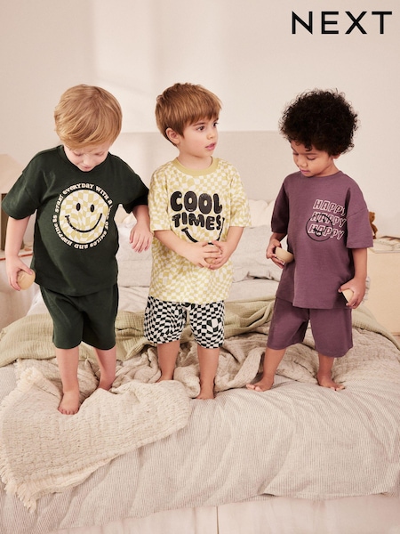 Purple/Green Checkerboard Smile 100% Cotton Short Pyjamas 3 Pack (9mths-8yrs) (Q66063) | €15 - €19