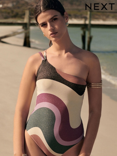 Ecru/Purple Wavey Glitter One Shoulder Tummy Shaping Control Swimsuit (Q66279) | €15