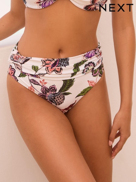 Cream/Pink Floral Roll Top Bikini Bottoms (Q66339) | AED32