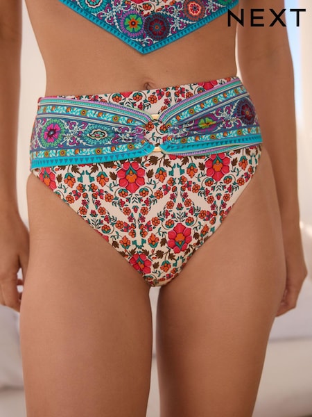 Ecru/Aqua Paisley High Waist High Leg Belted Bikini Bottoms (Q66341) | €12.50
