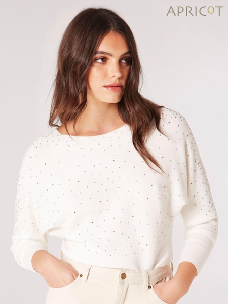 Apricot Cream Stud Neck Ribbed Batwing Jumper (Q66350) | €47