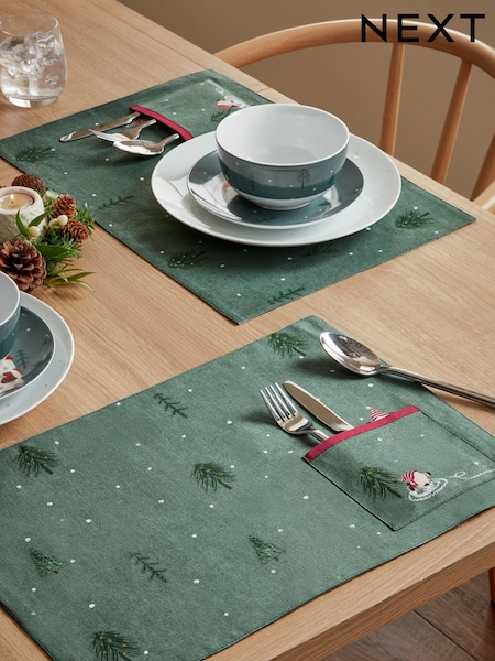 Set of 2 Green Christmas Gonk 100% Cotton Placemats With Cutlery Pouch (Q66508) | €7.50
