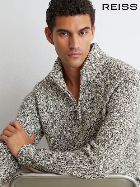 绿色/白色 - Regular Reiss Sebastian Cotton And Wool Speckled Knit Jumper
