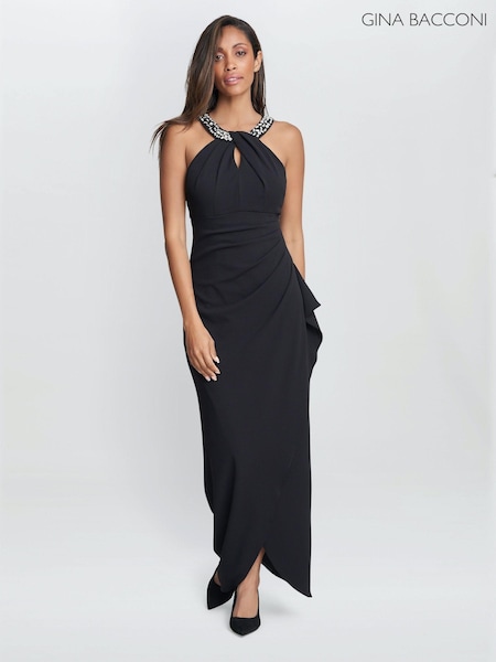 Gina Bacconi Kasandra Halter Beaded Neck Maxi Black Dress (Q66532) | AED582