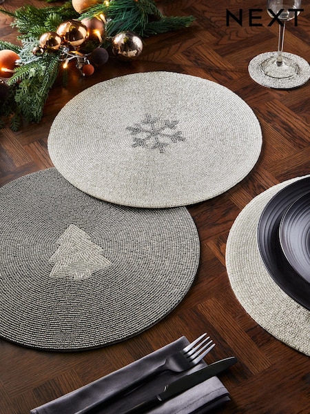 Set of 2 Silver Christmas Icon Beaded Placemats (Q66538) | €12