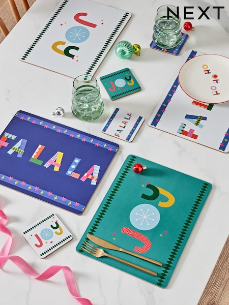 Multi Christmas Slogan Placemats and Coasters Set of 4 (Q66546) | €9