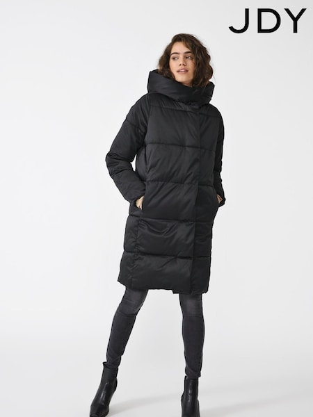JDY Black High Neck Padded Hooded Longline Coat (Q66655) | €47.50