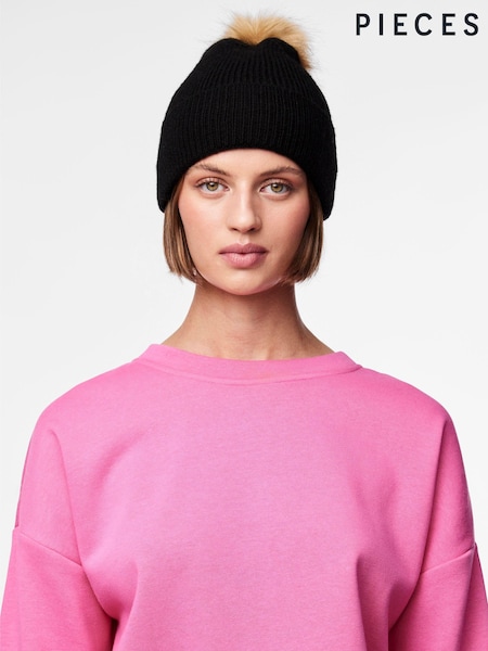 PIECES Black Pom Pom Hat (Q66681) | €6
