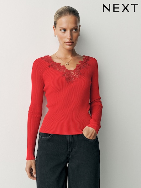 Red - Lace Trim V-neck Long Sleeve Knitted Top