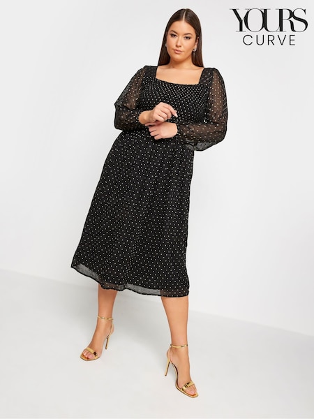 Yours Curve Black London Metallic Spot Shirred Dress (Q66791) | €31