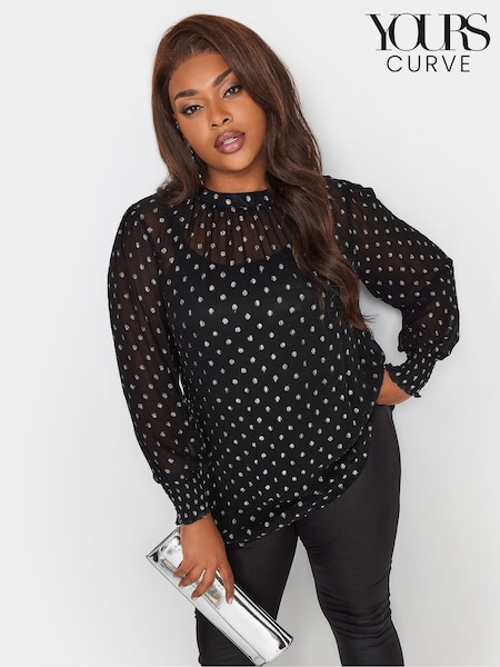 Yours Curve Black London Metallic Spot Shirred Cuff Top (Q66800) | €24