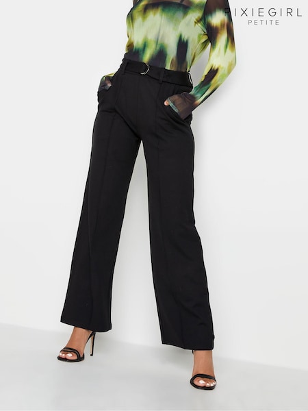 PixieGirl Petite Black Pintuck Belted Wide Leg Trousers (Q66803) | 183 QAR