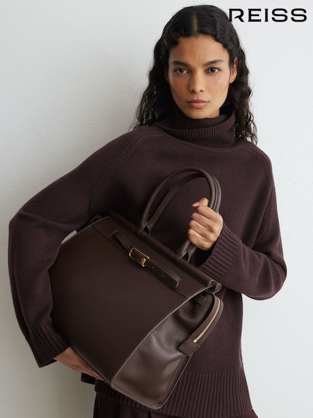 Chocolate - Reiss Ember Leather Structured Tote Bag