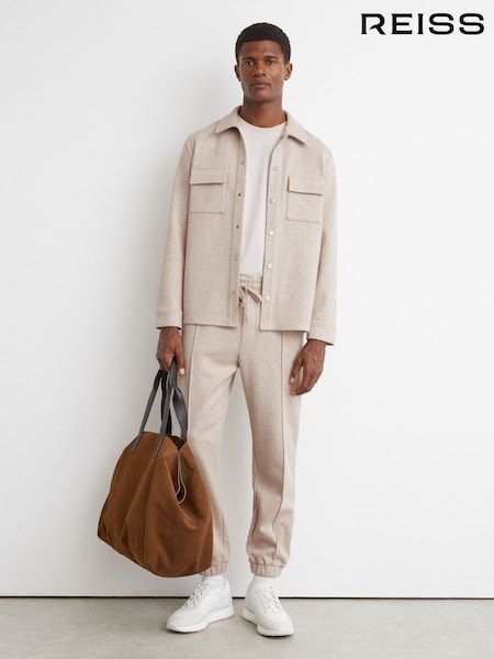 Oatmeal Melange - Regular Reiss Gray Herringbone Cuffed Drawstring Joggers