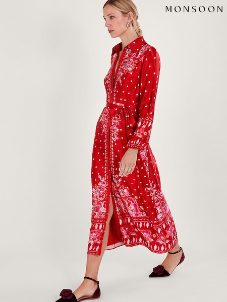 Monsoon Red Shiloh Satin Shirt Dress (Q66902) | €61
