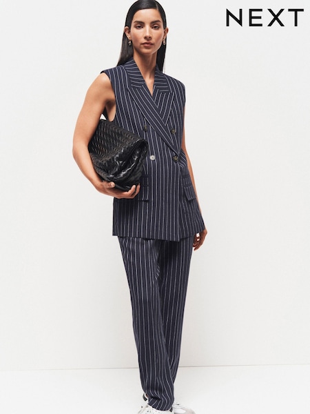 Темно-синий - Linen Striped Sleeveless Double Breasted Blazer (Q67029) | €11
