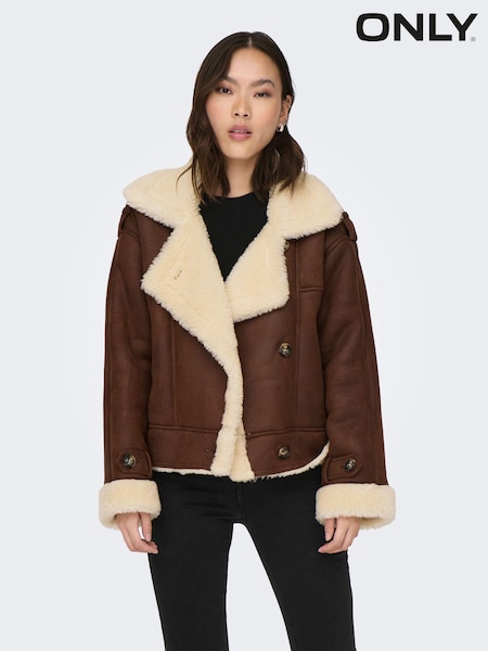 ONLY Brown Faux Suede Aviator Jacket With Teddy Borg Lining (Q67073) | €30