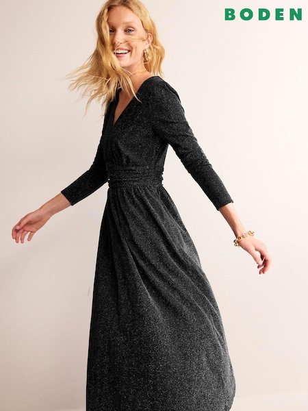 Boden Black Ruched Sparkle Midi Dress (Q67183) | €42