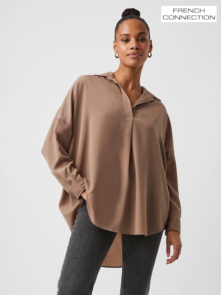 French Connection Brown Rhodes Recycled Crepe Popover Blouse (Q67390) | 105 zł