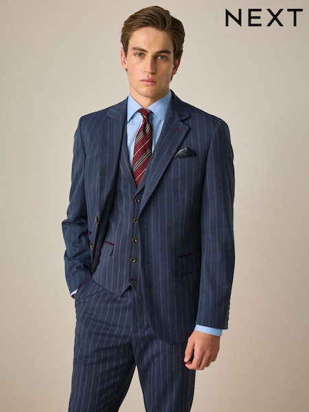 ブルー - Tailored Fit Trimmed Stripe Suit Jacket (Q67502) | ¥ 17,910