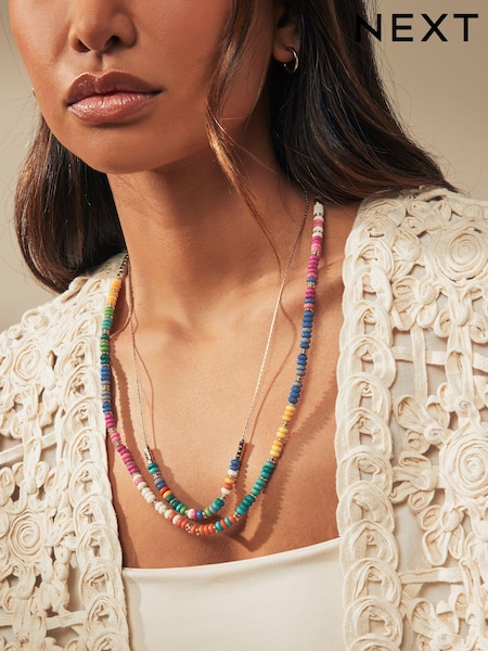 Multi Coloured Beaded Double Row Long Necklace (Q67731) | €11