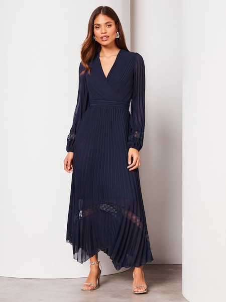 Lipsy Long Sleeve Pleated Lace V Neck Midi Dress (Q67776) | 424 LEI