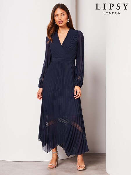 Lipsy Long Sleeve Pleated Lace V Neck Midi Dress (Q67777) | 364 LEI