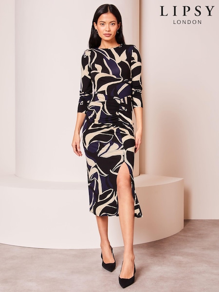 Lipsy Navy Blue Ruched Side Long Sleeve Printed Midi Dress (Q67794) | € 26