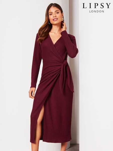 Lipsy Berry Red Long Sleeve Cosy Tie Side Wrap Midi Jumper Dress (Q67809) | € 28