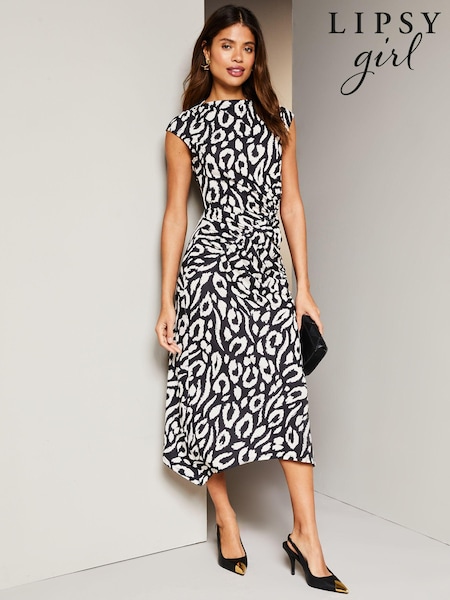 Lipsy Black/White Sleeveless Printed Ruched Midi Dress (Q67819) | €20.50
