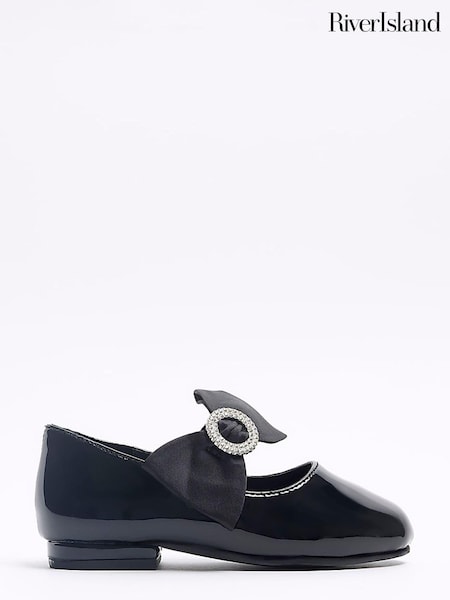 River Island Black Girls Patent Satin Bow Diamonte Shoes (Q67981) | €13