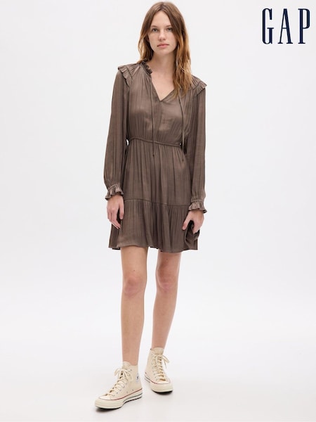 Gap Brown Split Neck Tiered Long Sleeve Mini Dress (Q68127) | €17