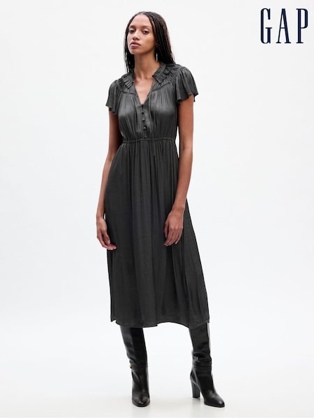 Anthrazitgrau - Gap Ruffle Neck Short Sleeve Midi Dress (Q68131) | 53 €