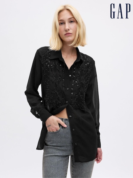 Gap Black Beaded Sheer Boyfriend Shirt (Q68145) | €25