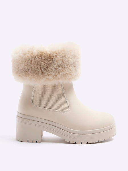 River Island Cream Girls Faux Fur Cuff Heel Boots (Q68183) | €21.50
