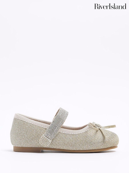 River Island Gold Girls Velvet Diamonte Strap Pumps (Q68194) | €31