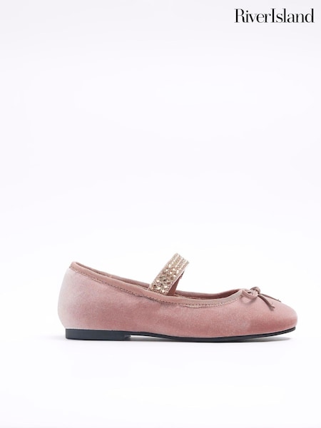 Vaaleanpunainen Chrome - River Island Tytöt Velvet Diamonte Strap Tossut (Q68261) | €39