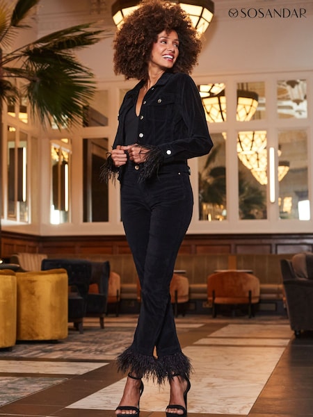 Sosandar Black Slim Velvet Feather Hem Leg Jeans (Q68405) | €91