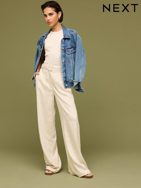 Neutral Belted Wide Leg Trousers With Linen (Q68432) | €18