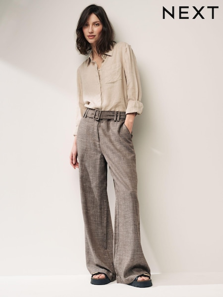 Chocolate Brown Belted Wide Leg Trousers With Linen (Q68442) | €24
