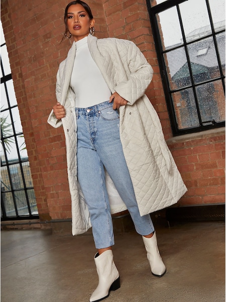 Chi Chi London Cream Diamond Quilted Longline Belted Coat (Q68443) | €51