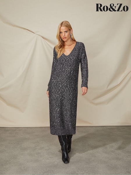 Ro&Zo Sparkle Sequin V-Neck Knitted Black Dress (Q68512) | €53