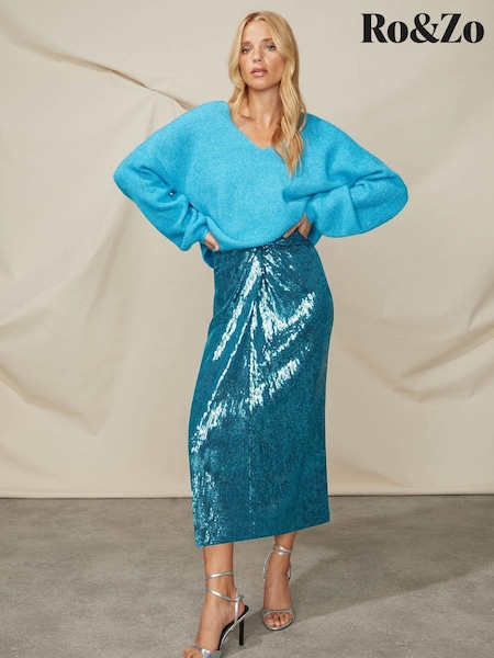Ro&Zo Blue Liquid Sequin Twist Front Skirt (Q68542) | €22