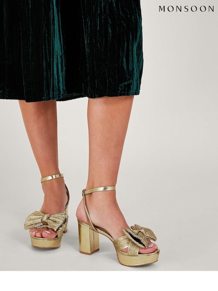 Monsoon Gold Metallic Bow Platform Heels (Q68554) | 168 QAR