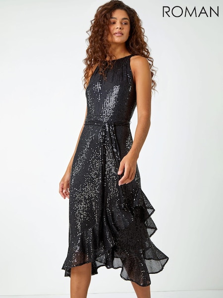 Roman Black Halter Neck Sequin Midi Stretch Dress (Q68639) | €44.50