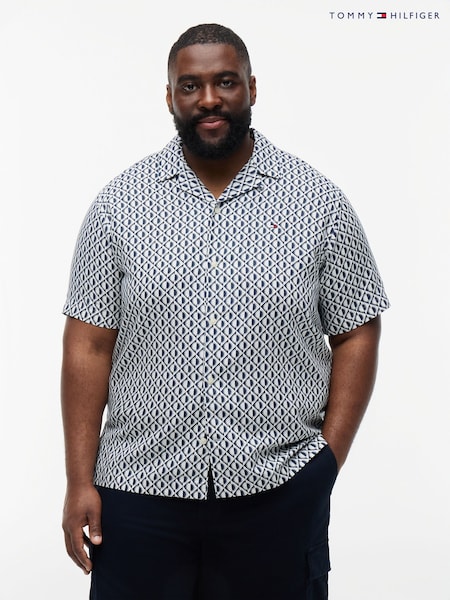 Blue - Regular Tommy Hilfiger Plus Regular Linen Blend Print Short Sleeve Shirt