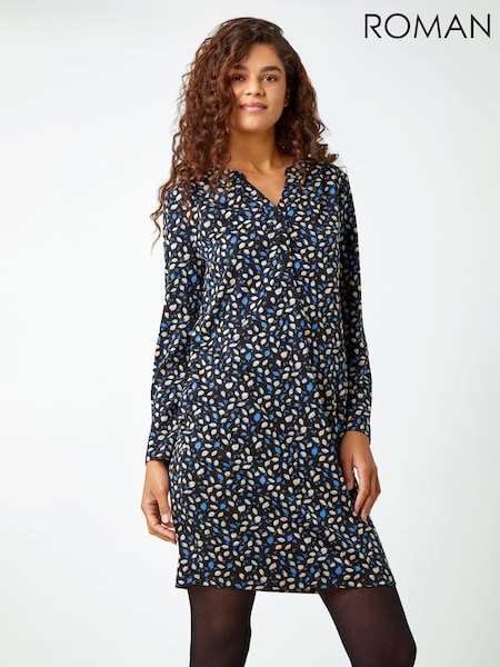 Roman Blue Leaf Print Button Detail Pocket Dress (Q68666) | AED105